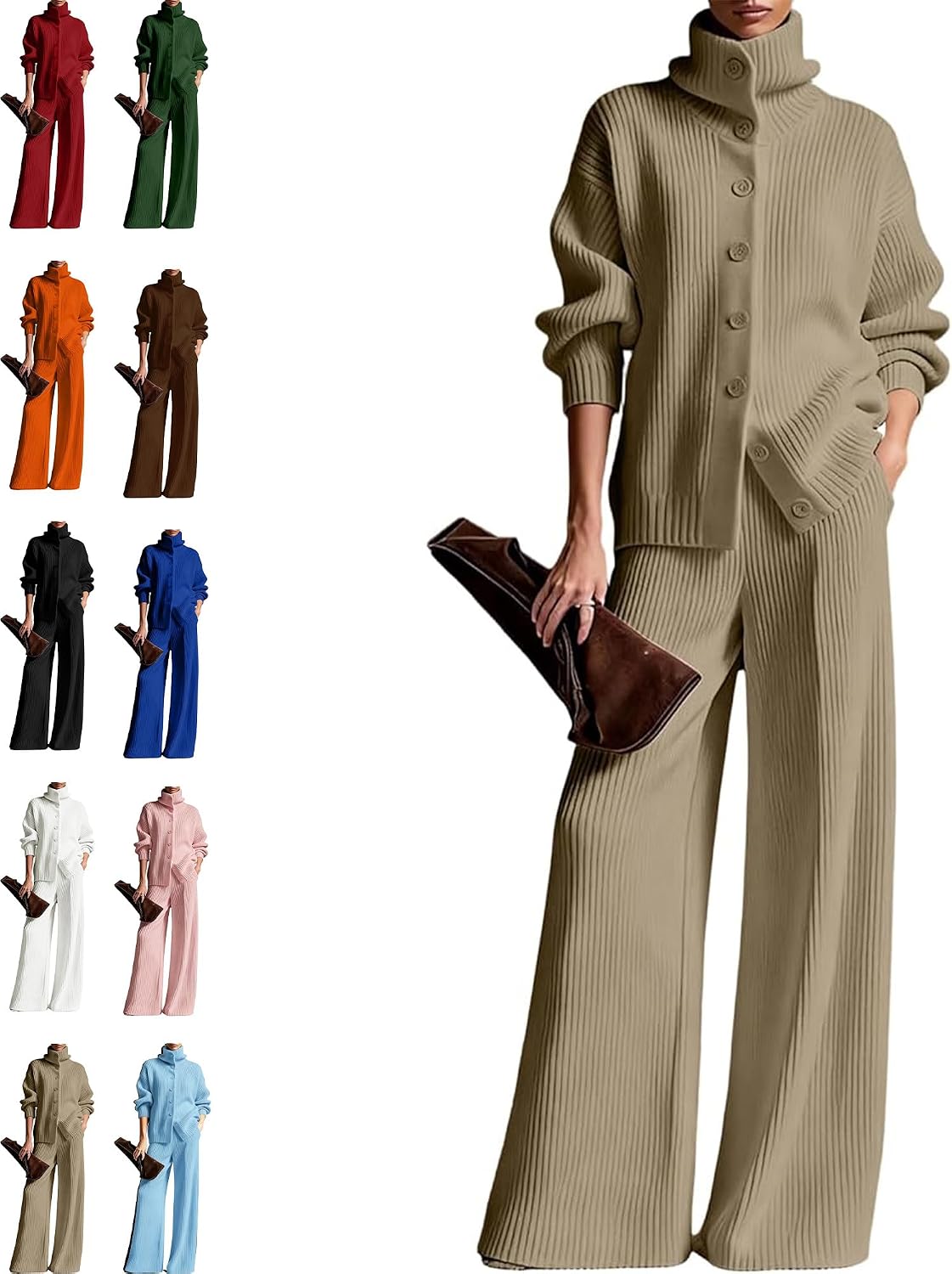 Women’s Cozy Cardigan Sweater and Pants Two-Piece Set, Casual Mockneck Sweatshirt Wide Leg Pant Knit Suits