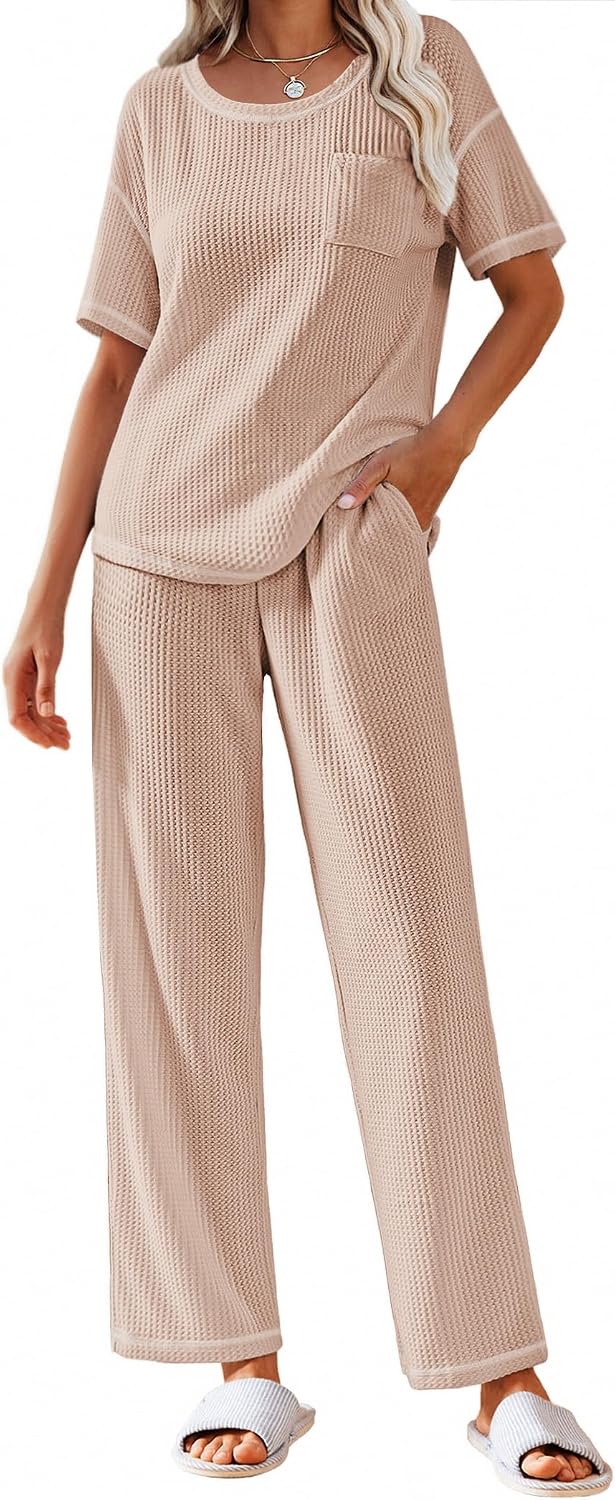 Ekouaer 2 Piece Summer Waffle Knit Lounge Sets For Women Short Sleeve Top and Long Pant Pajama Set Loungewear Pjs Set