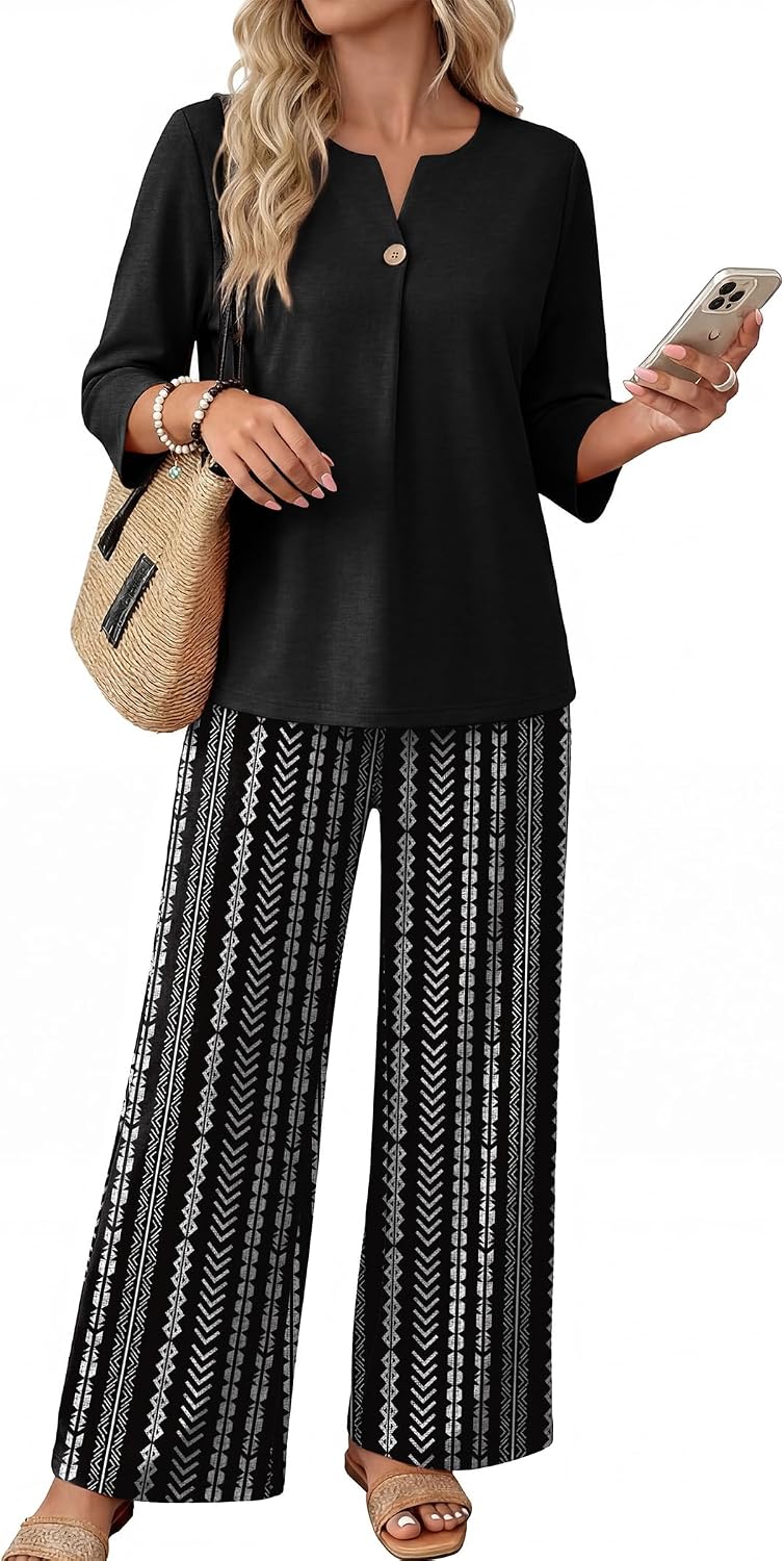 WIHOLL Two Piece Sets for Women 3/4 Length Sleeve Lounge Sets Summer Spring Vacation Travel Outfits Fashion Clothing