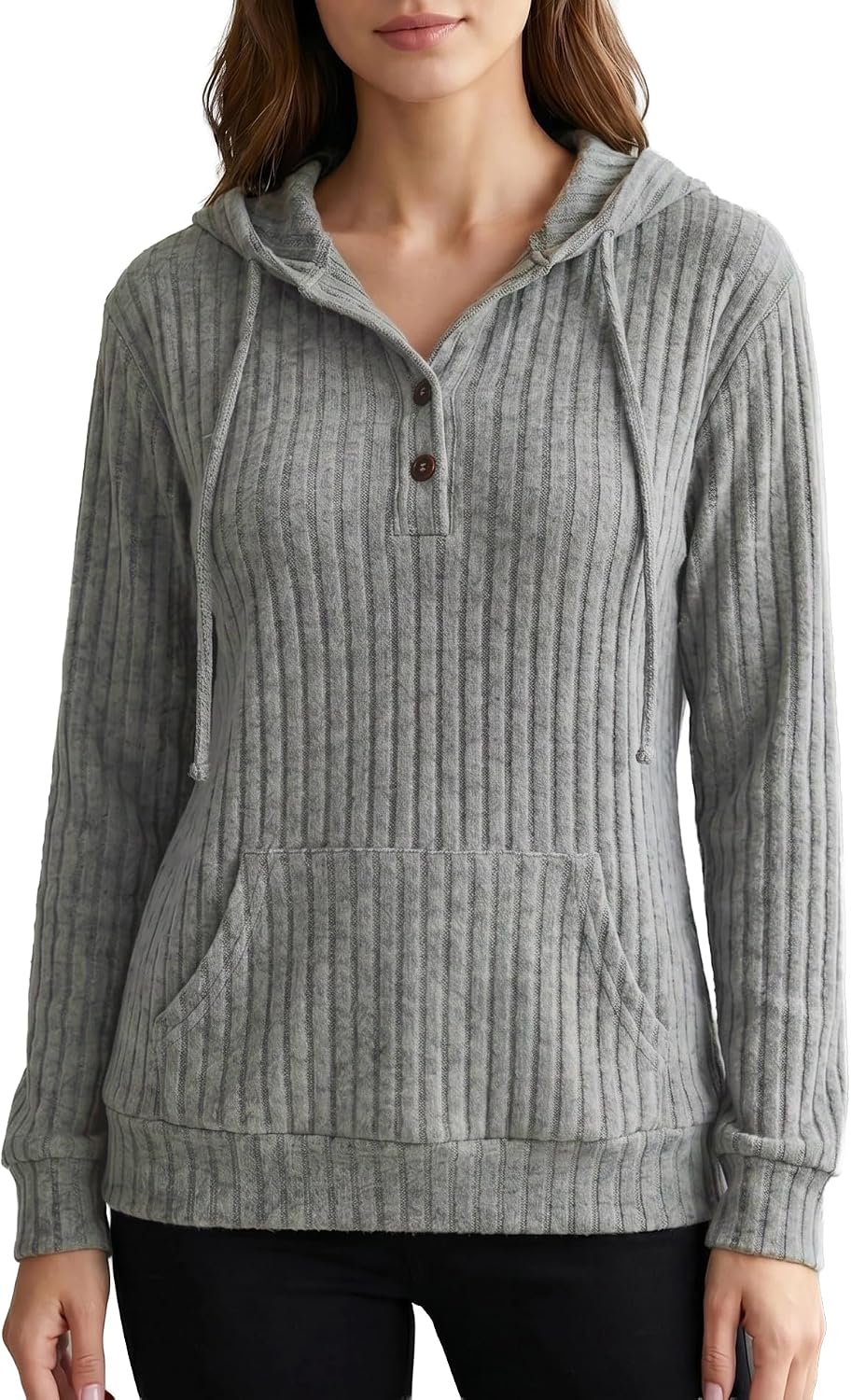 Womens Fall Oversized Sweater Hoodie with Long Sleeves Button Hood and Pocket