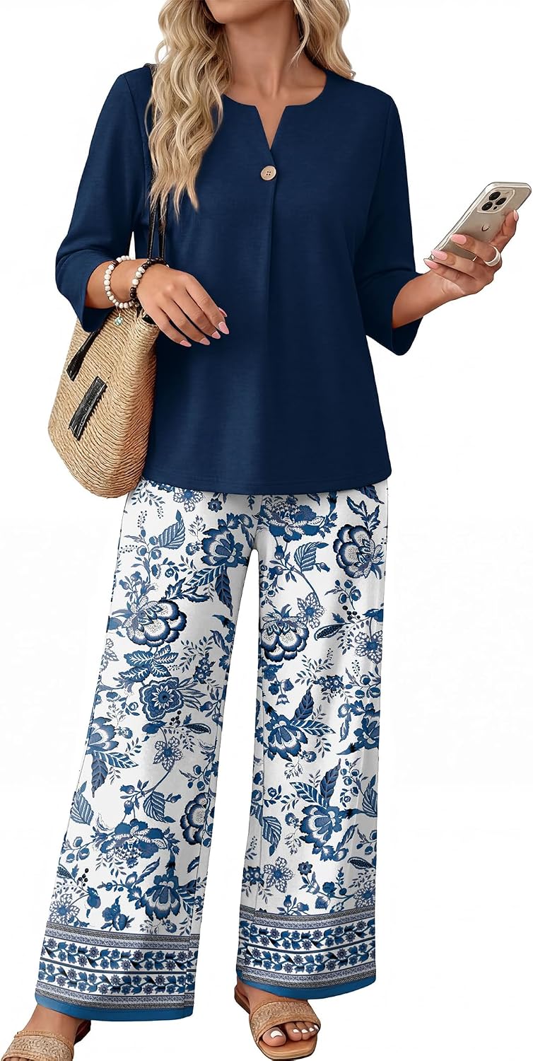 WIHOLL Two Piece Sets for Women 3/4 Length Sleeve Lounge Sets Summer Spring Vacation Travel Outfits Fashion Clothing