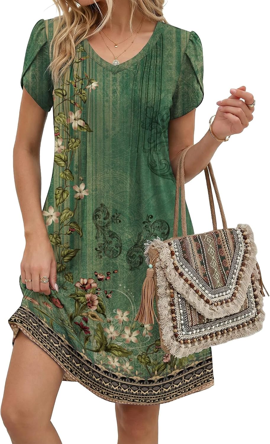 Zeagoo Summer Dresses for Women Casual A Line Dress 2026 V Neck Short Dresses Floral Sundress Pleated Boho Dress