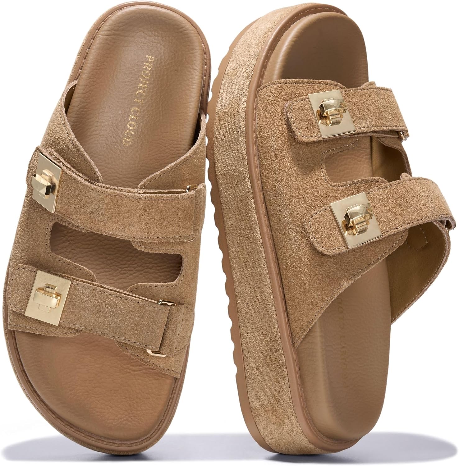 Project Cloud Platform Sandals Women – Memory Foam Insole Slides Women with Adjustable Buckle – Non Slip and Lightweight Womens Sandals 2026 (Havana)