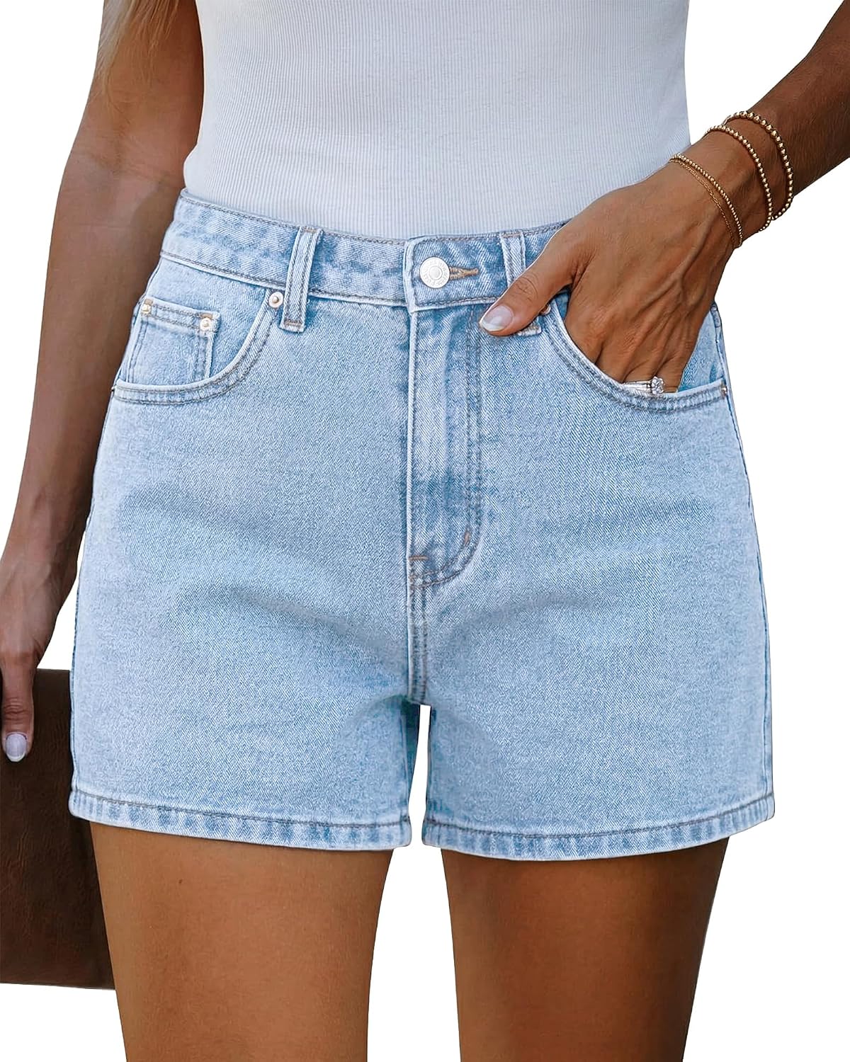 EMMIOL Jean Shorts Womens High Waisted Stretchy Mid Length Summer Jorts | Basic Solid Y2K Denim Shorts Casual Vintage Button