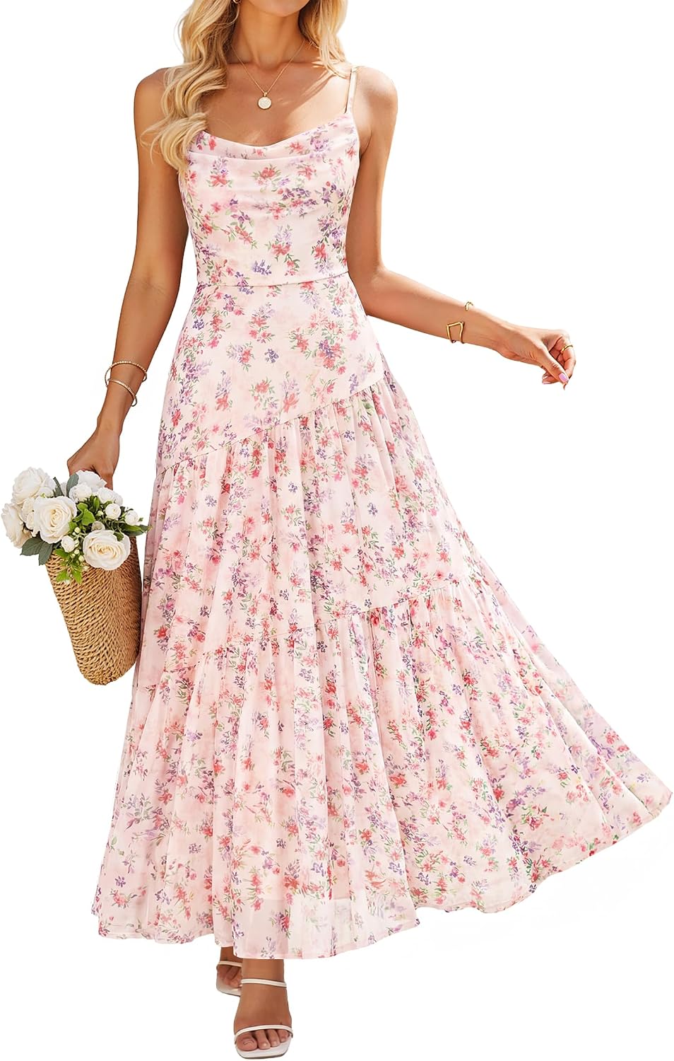 ZESICA Women’s Summer Floral Sleeveless Maxi Dress 2026 Boho Mesh Spaghetti Strap Flowy Beach Wedding Guest Long Dresses