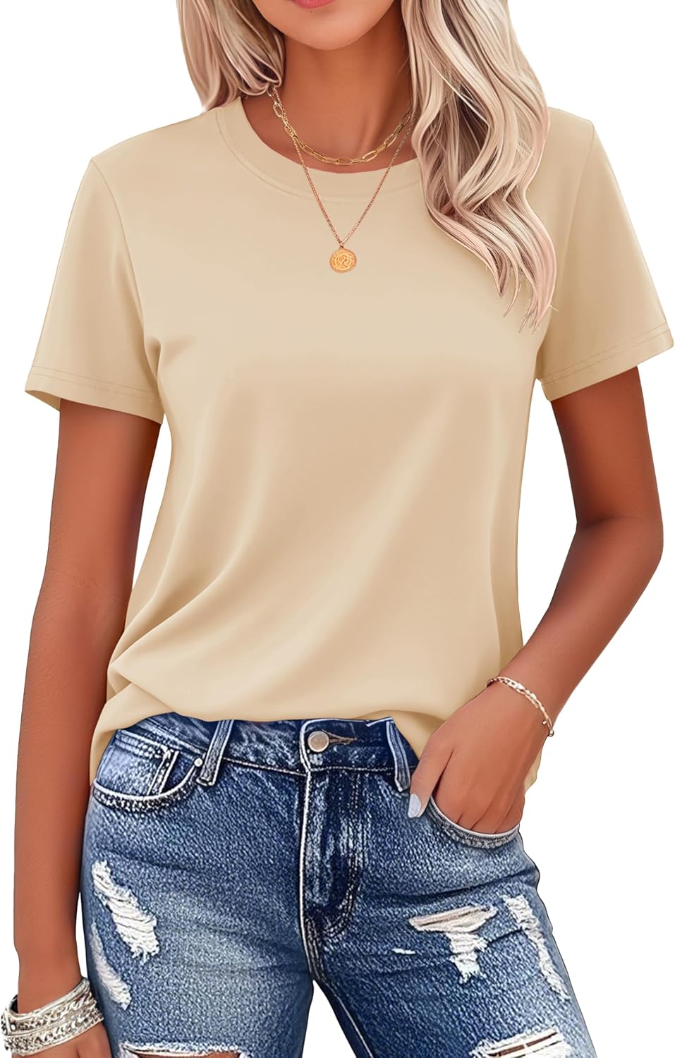 MAGCOMSEN Women’s T Shirts Cotton Short Sleeve Shirts Crew-Neck Summer Tops Classic-Fit Tees Breathable Casual Clothes