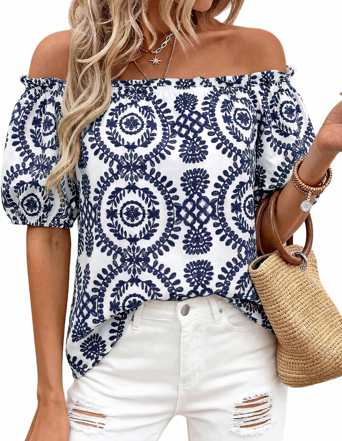 BTFBM Off The Shoulder Boho Tops for Women 2026 Summer Spring Short Sleeve Floral Loose Resort Beach Vacation Clothes