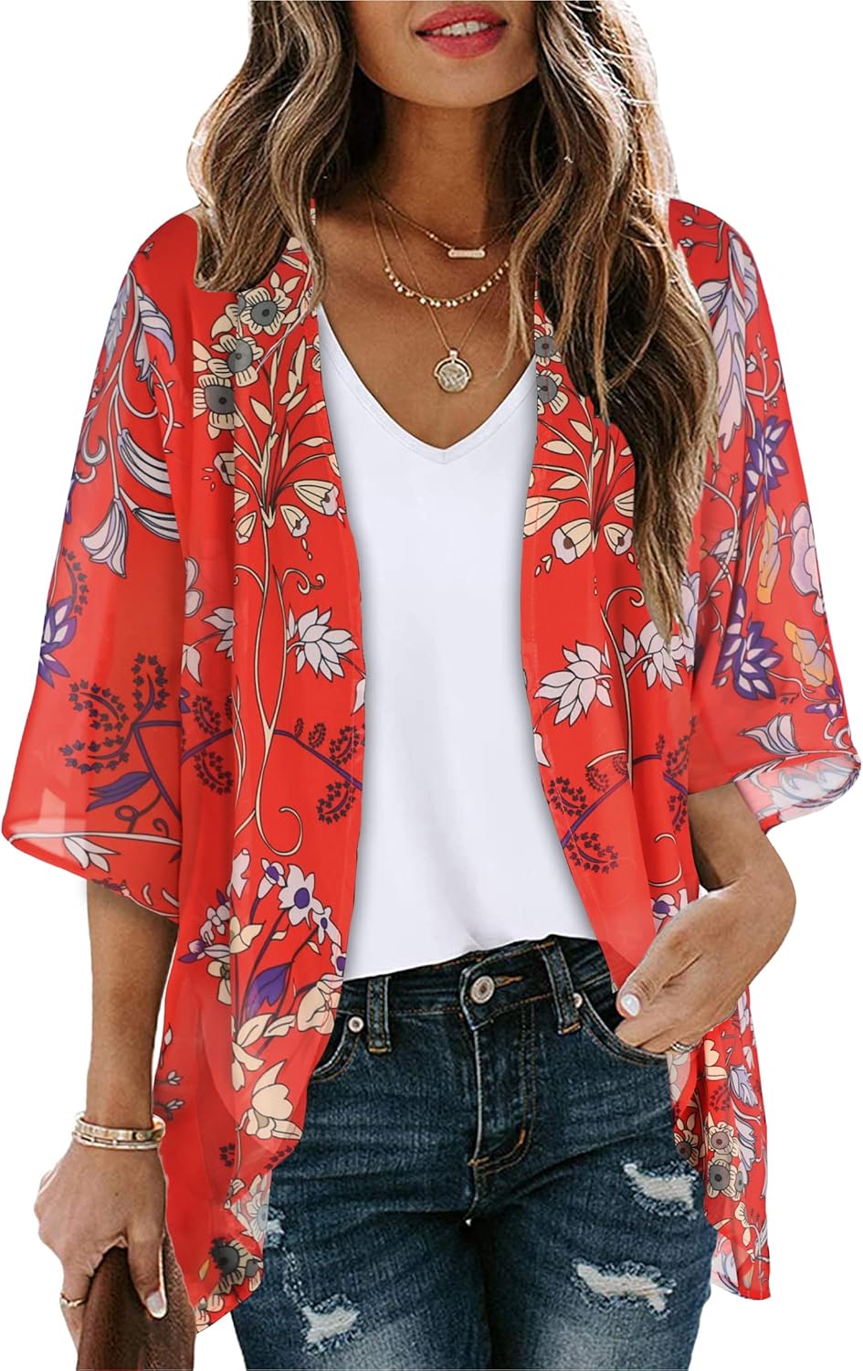 Women’s Floral Print Puff Sleeve Kimono Cardigan Loose Cover Up Casual Blouse Tops 2026