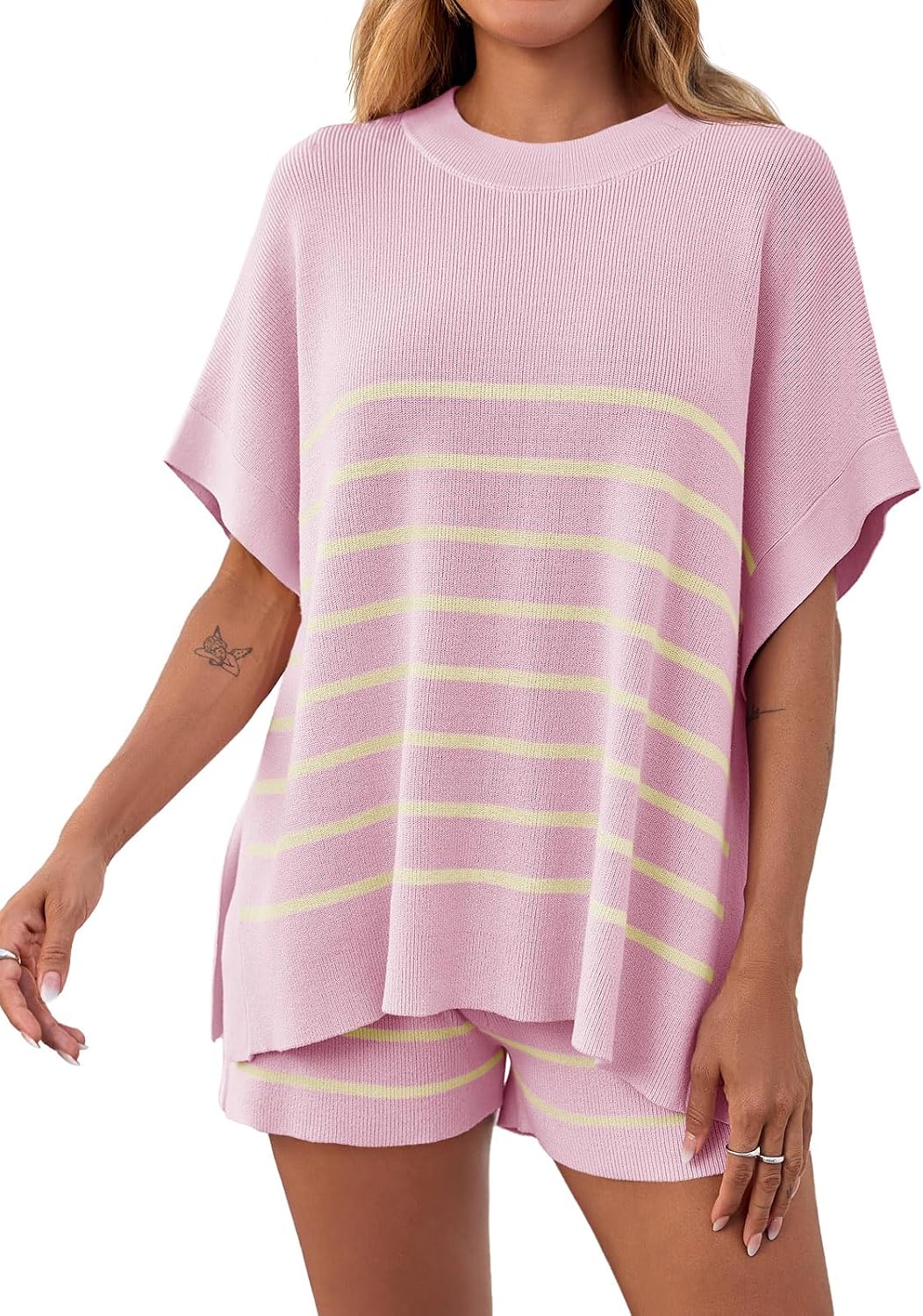 Fisoew Women’s Striped 2 Piece Outfits Oversized Batwing Short Sleeve Tops High Waisted Shorts Summer Knit Lounge Short Sets