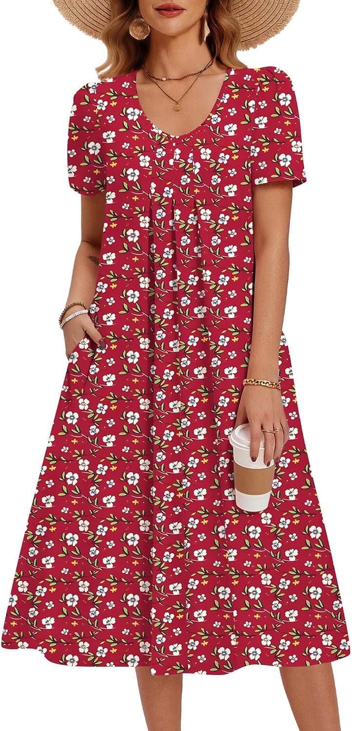 Zeagoo Summer Dress for Women Casual Floral Midi Sundress with Pockets V Neck Pleated Short Sleeve Aline Beach Vacation Dress