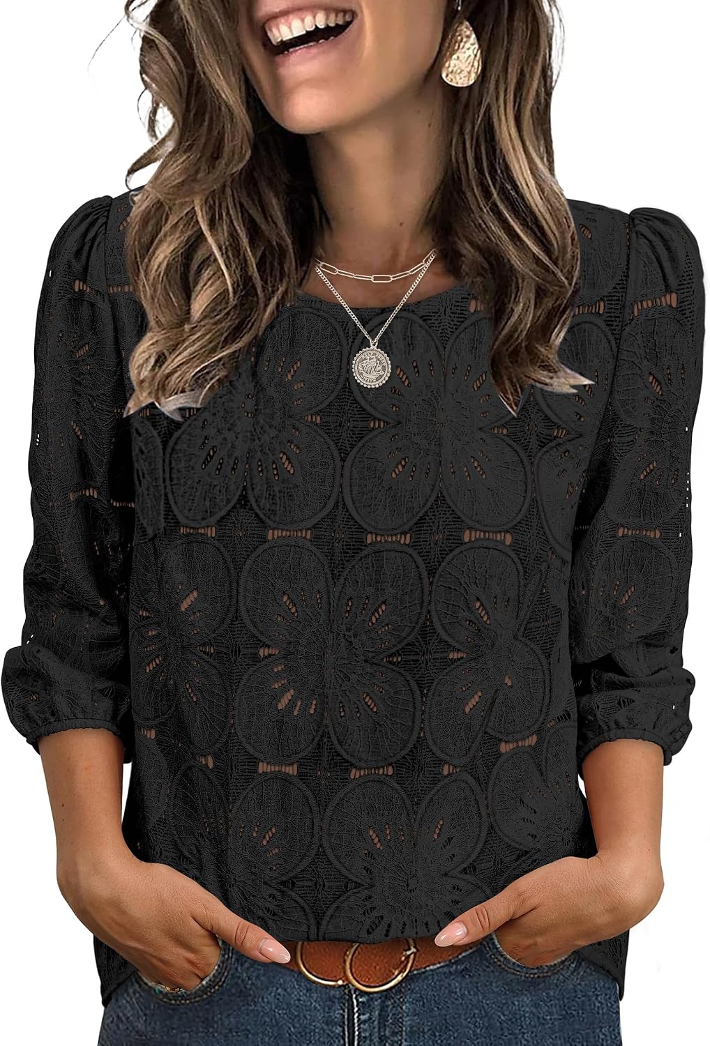 Sampeel Women Blouses Dressy Casual 3/4 Length Sleeve Tops Eyelet Lace Spring Summer Shirts Beach Vacation Clothes