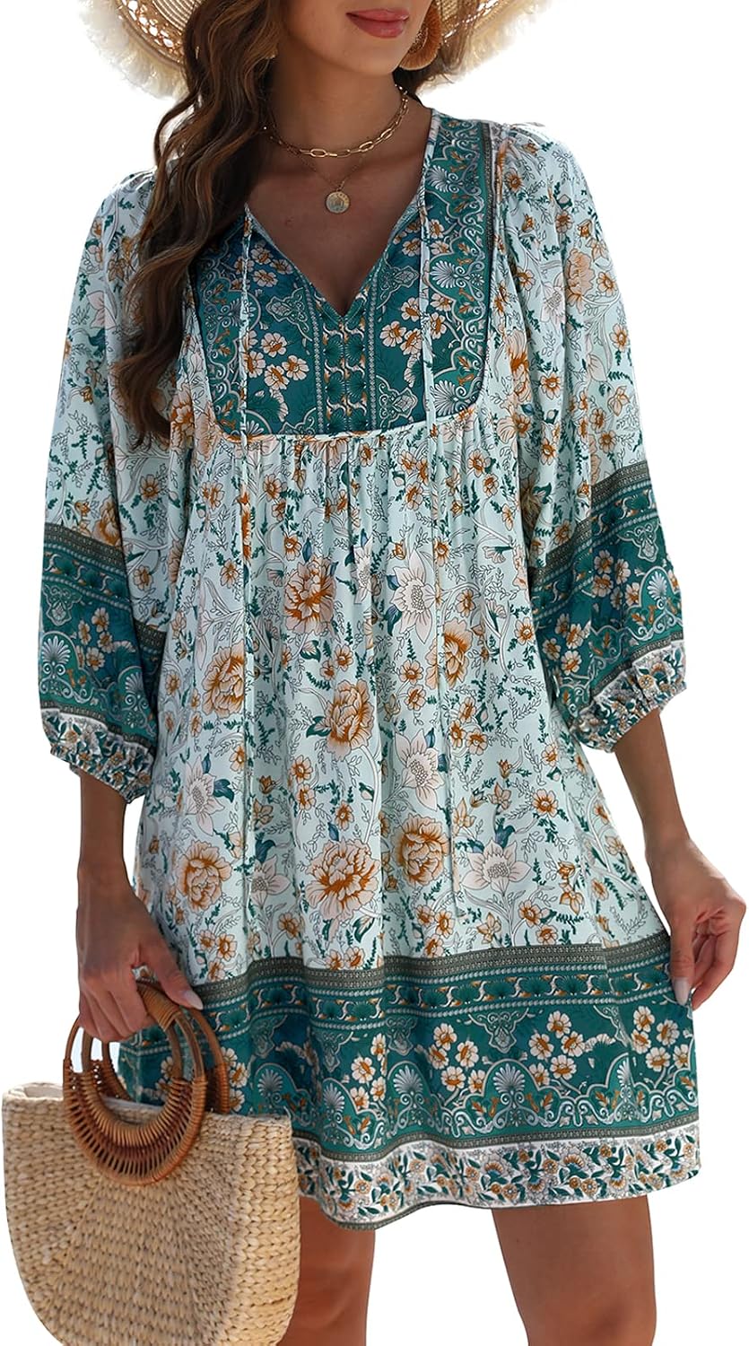 Qearal Women’s Casual V Neck 3/4 Sleeve Boho Floral Printed Loose Short Flowy Summer Beach Vacation Dress