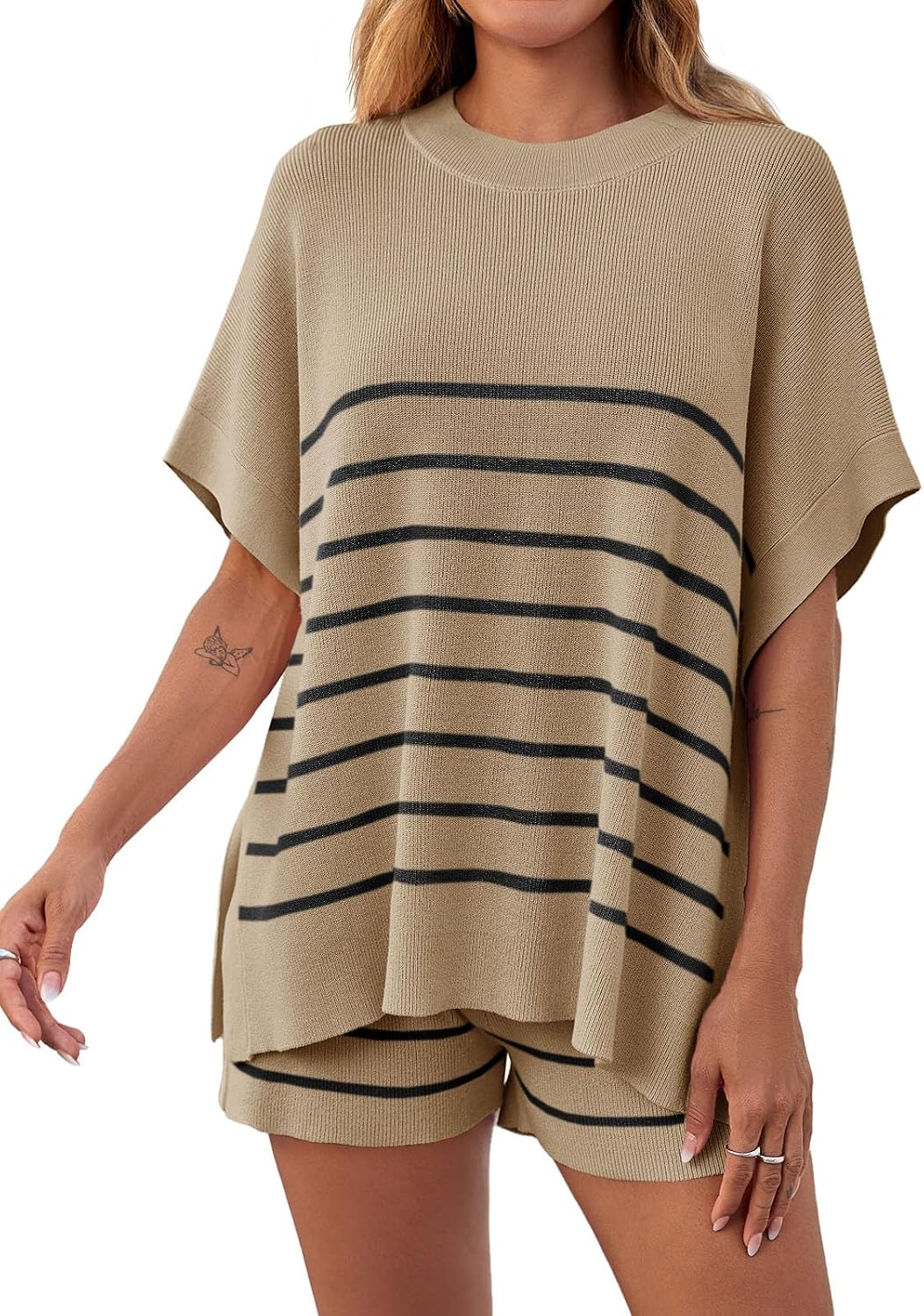Fisoew Women’s Striped 2 Piece Outfits Oversized Batwing Short Sleeve Tops High Waisted Shorts Summer Knit Lounge Short Sets