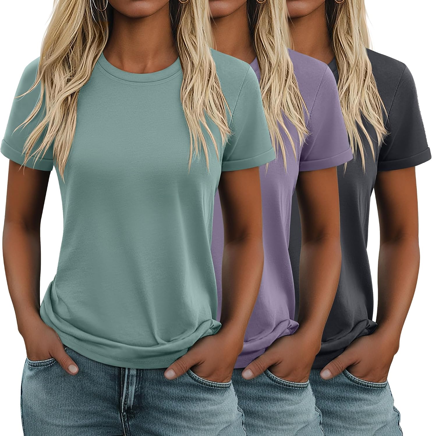 Huukeay 3 Pack Women’s Cotton T Shirts Casual Short Sleeve Tunic Tops Crewneck Summer Loose Fit Plain Basic Tee