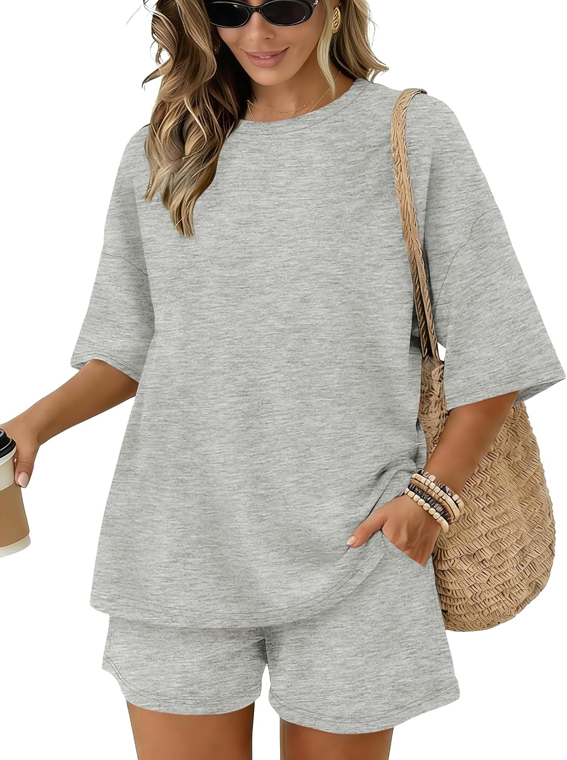 Sampeel Womens 2 Piece Sets 3/4 Sleeve Oversized Tops Lounge Sets Loungewear Business Casual Summer Outfits Workout