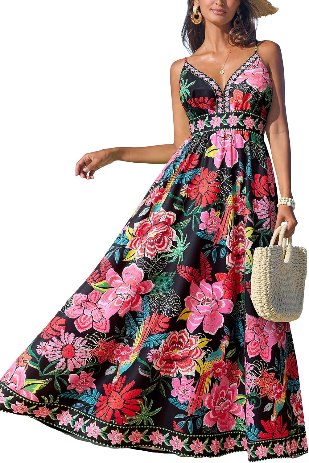 CUPSHE Women’s Summer Dresses Casual Spring V Neck Sleeveless Floral Beach Vacation Long Spaghetti Strap Flowy Maxi Dress