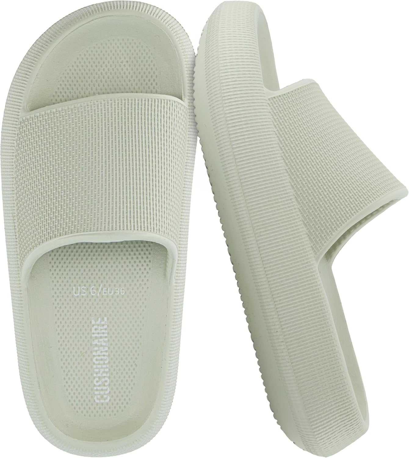 CUSHIONAIRE Feather EVA Slides for Women – Comfortable Slip On Womens Slippers, Indoor Outdoor Shower Shoes, Beach Essential Cloud Slides