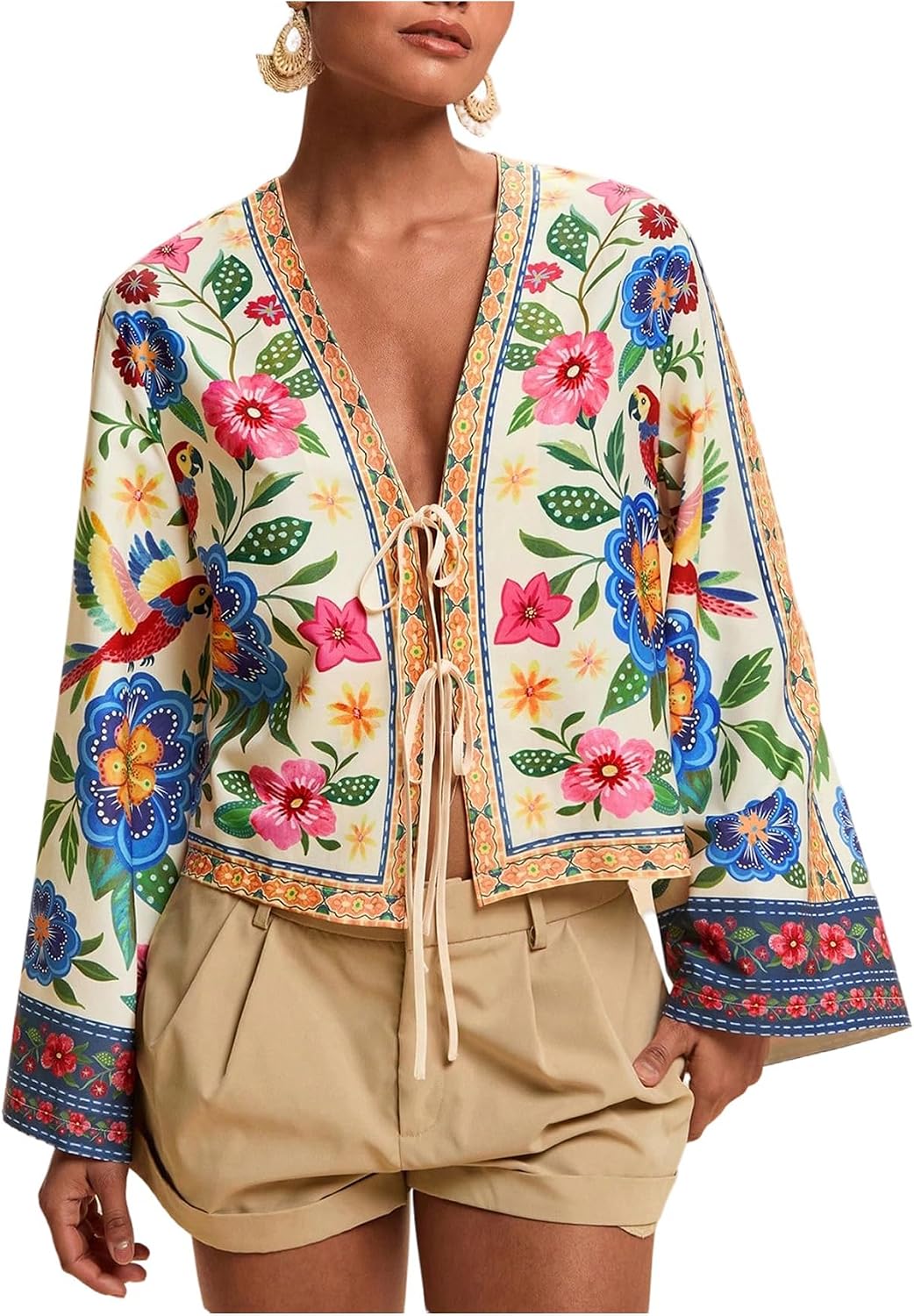OYOANGLE Women’s Boho Floral Tie Front Blouse Bell Long Sleeve V Neck Loose Vacation Shirt Tops