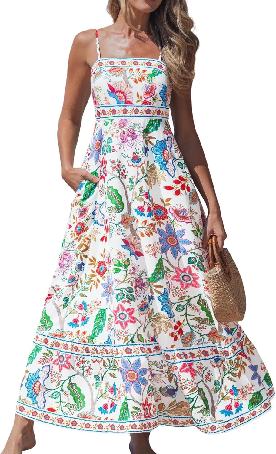 popvil Women Summer Maxi Dress 2026 Spaghetti Strap Long Beach Dress Boho A-Line Flowy Casual Sleeveless Sun Dress