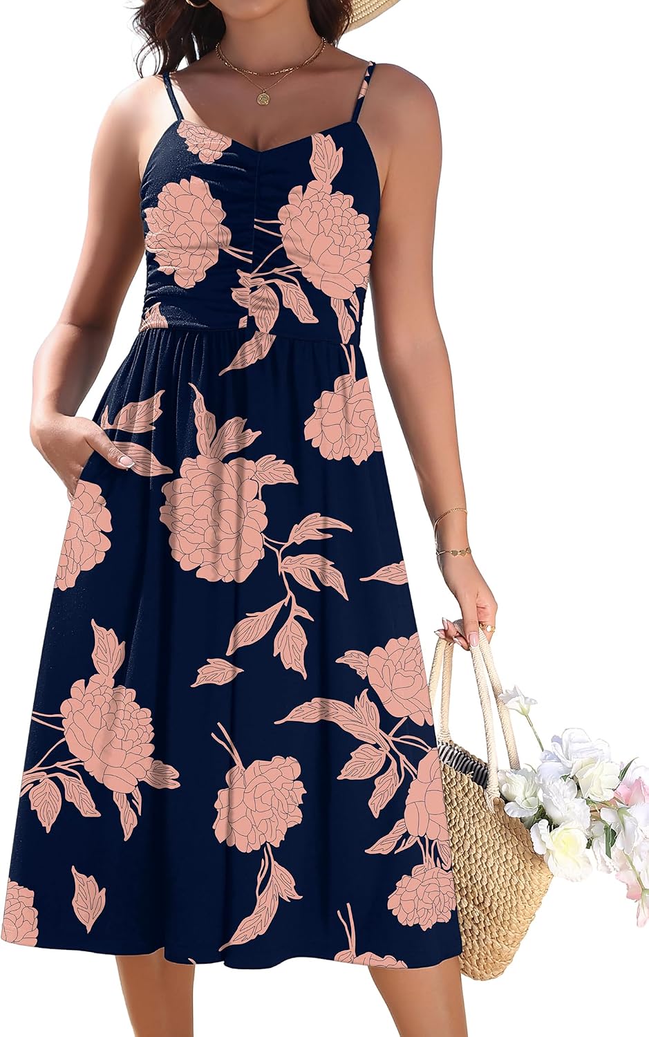 Zeagoo Women 2026 Summer Adjustable Spaghetti Strap Sundress Casual Ruched Floral V Neck Midi Flowy Beach Dress with Pockets