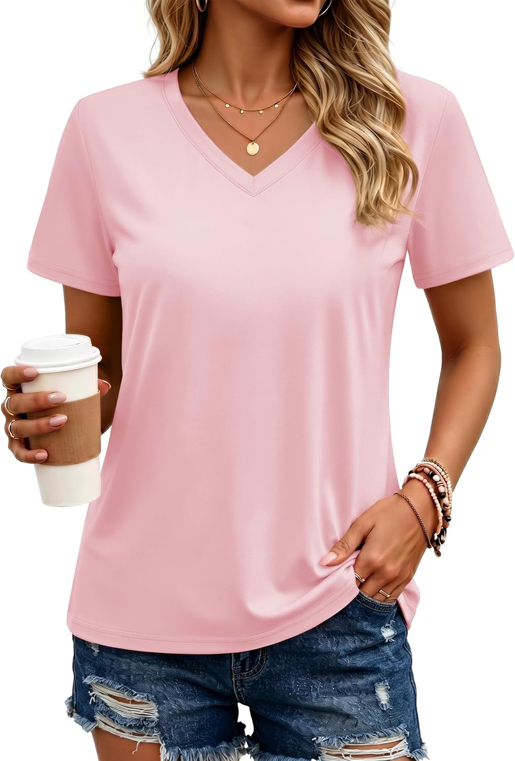 MAGCOMSEN Women’s Cotton T Shirt V-Neck Short Sleeve Shirt Classic-Fit Casual Breathable Tee Summer Basic Tops