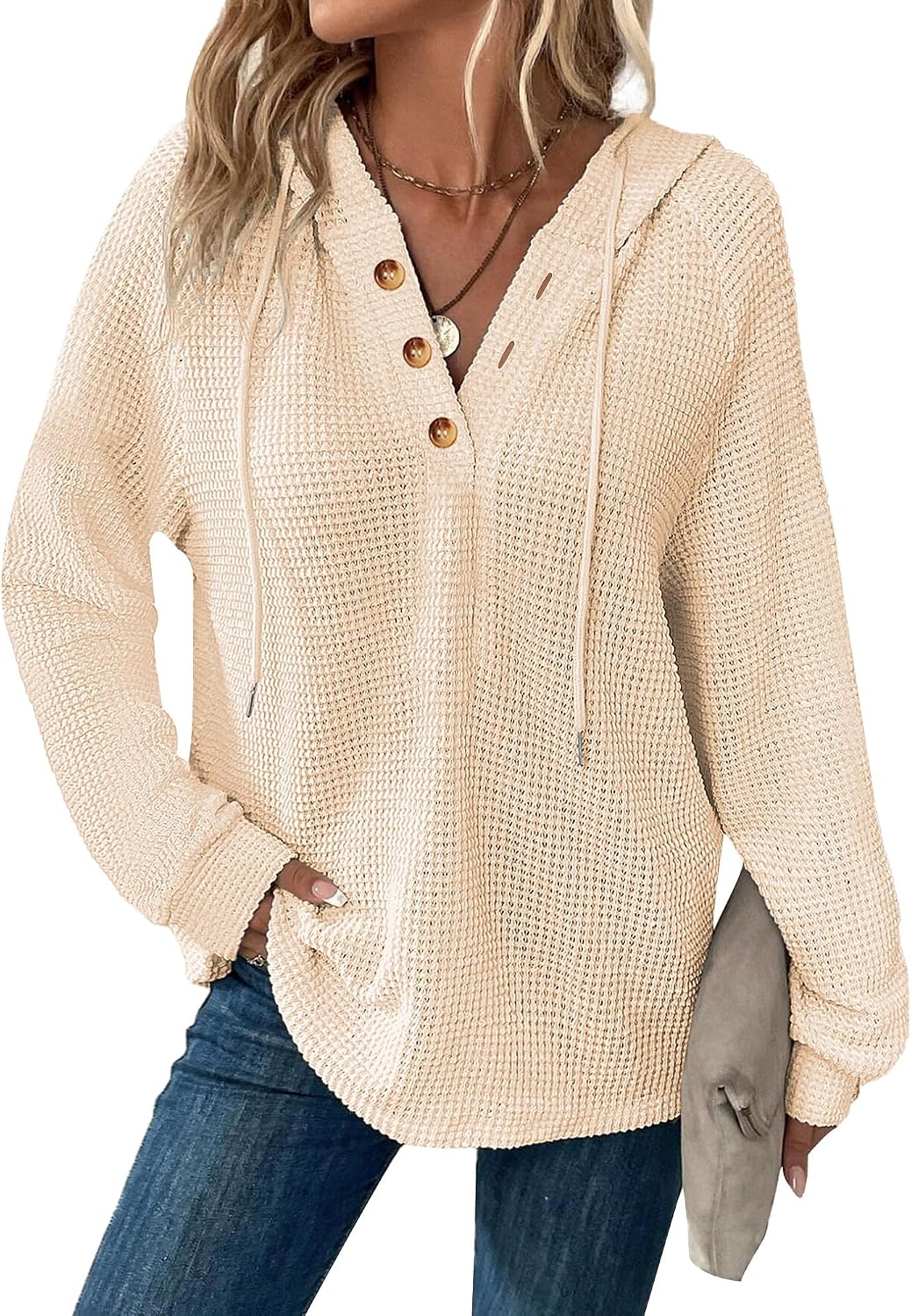 Dimur Hoodies for Women Waffle Knit V Neck Oversized Sweatshirt Button Down Drawstring Hooded Pullover Tops for Fall 2025