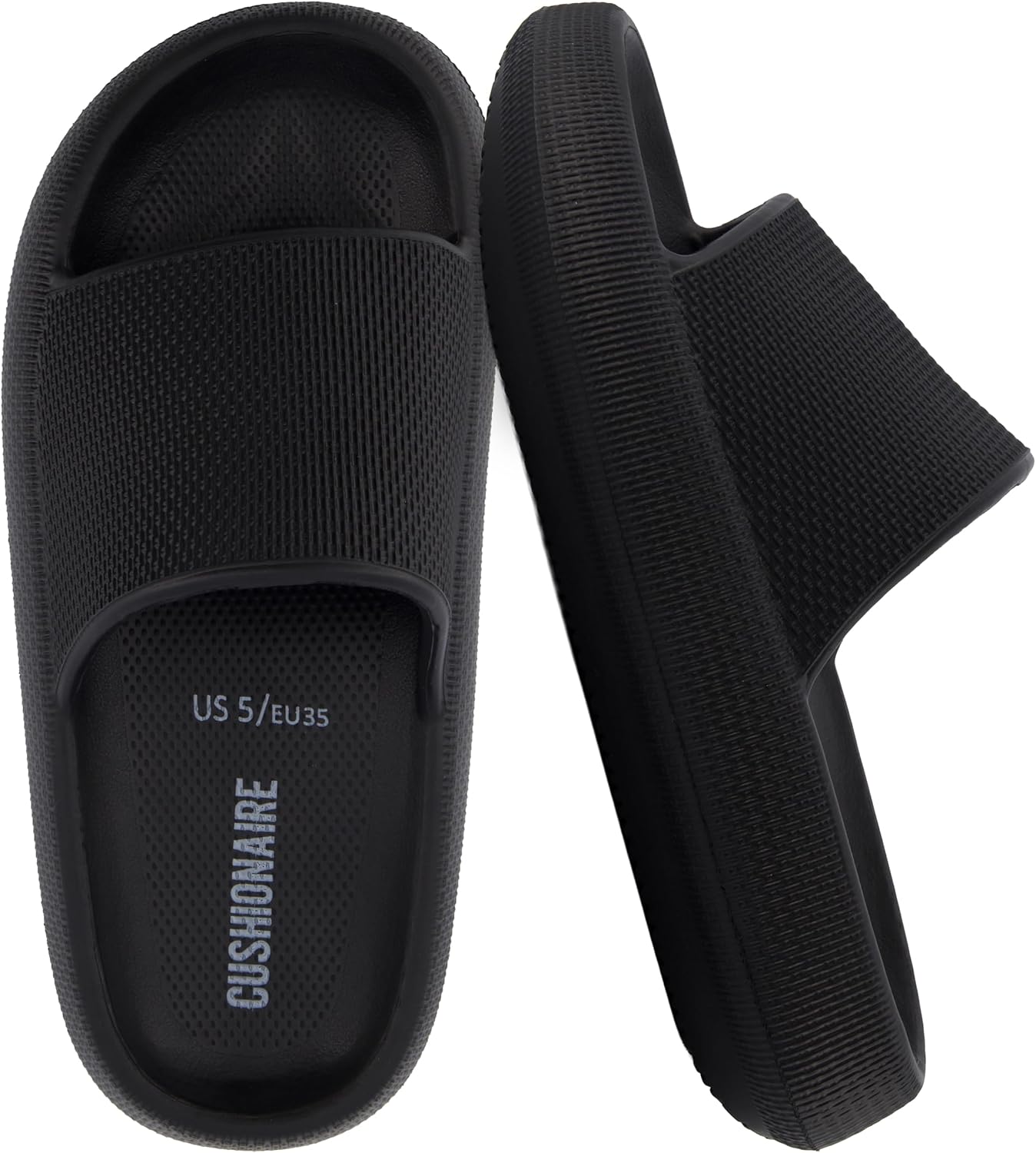 CUSHIONAIRE Feather EVA Slides for Women – Comfortable Slip On Womens Slippers, Indoor Outdoor Shower Shoes, Beach Essential Cloud Slides