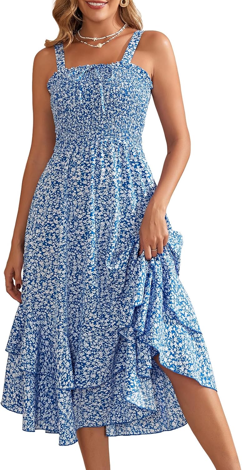 Lyrur Women’s Summer Boho Floral Maxi Dresses Square Neck Smocked Double Tiered Ruffle Vacation Sundresses with Pockets