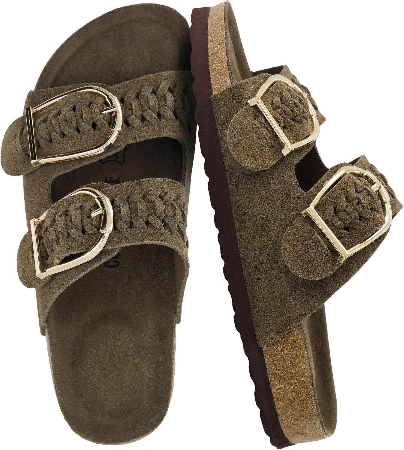 CUSHIONAIRE Cashew Slip On Womens Sandals, Genuine Suede Leather Braided Double Strap Slide On Sandals with Adjustable Big Buckle for Women