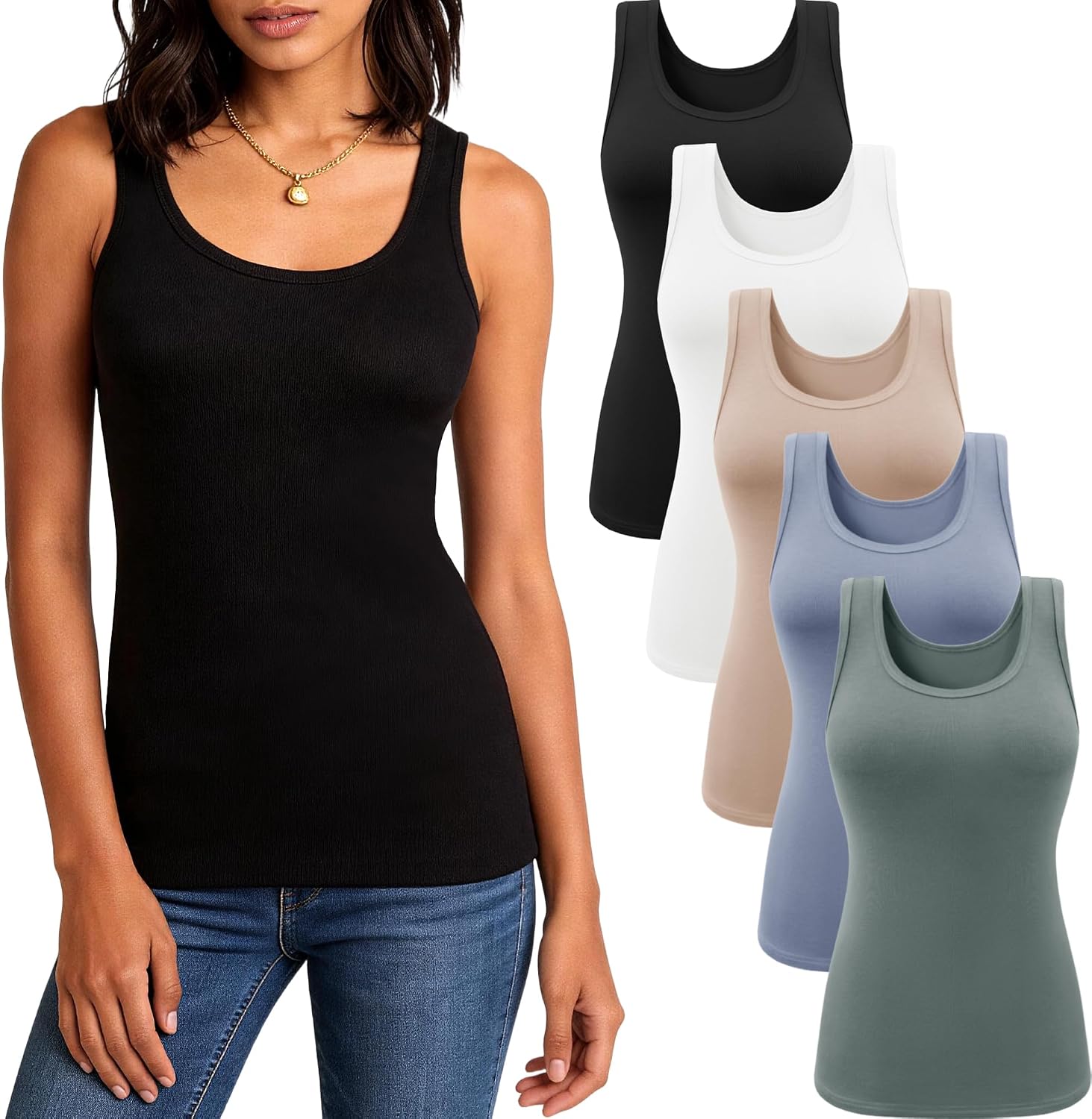 5 Pack Tank Tops for Women, Soft Ribbed Scoop Neck Sleeveless Fitted Basic Summer Tops Casual Going Out Undershirt