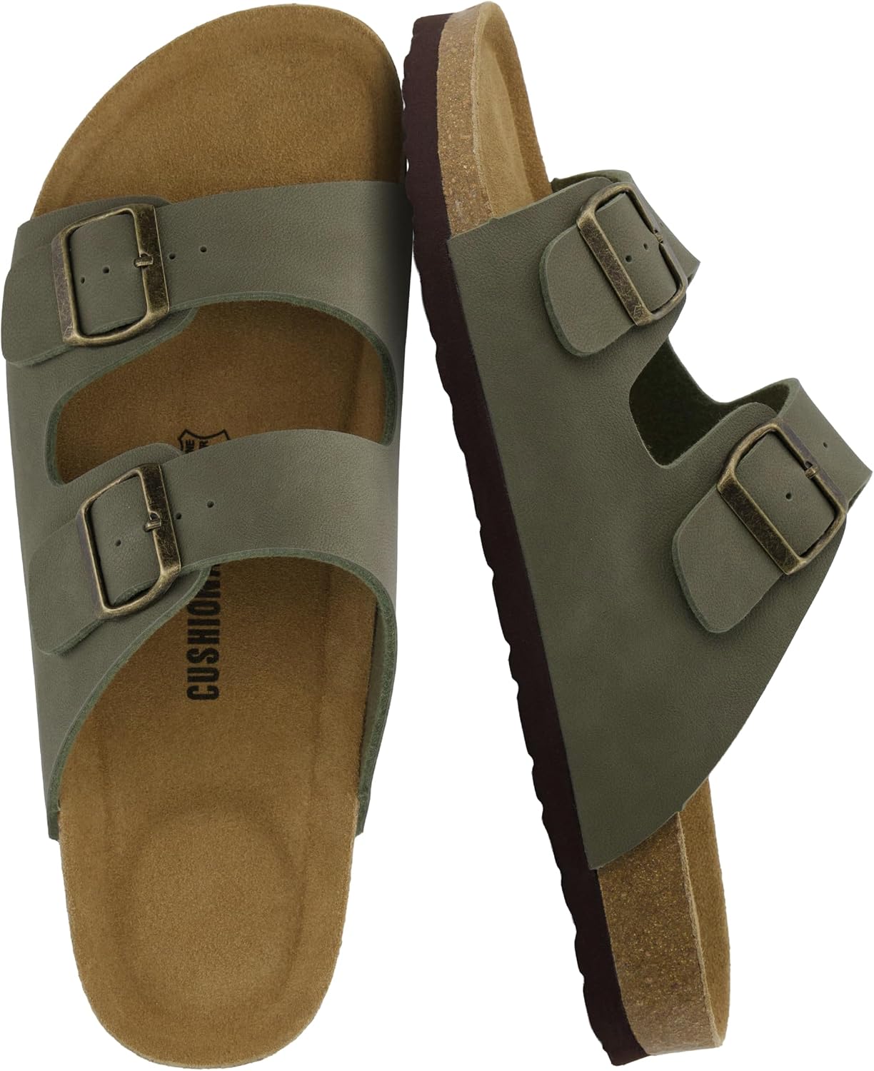 CUSHIONAIRE Lane Cork Footbed Mens Sandals, Adjustable Buckle Comfort Slides for Men, Genuine Leather Insole Summer Sandals Men Footwear