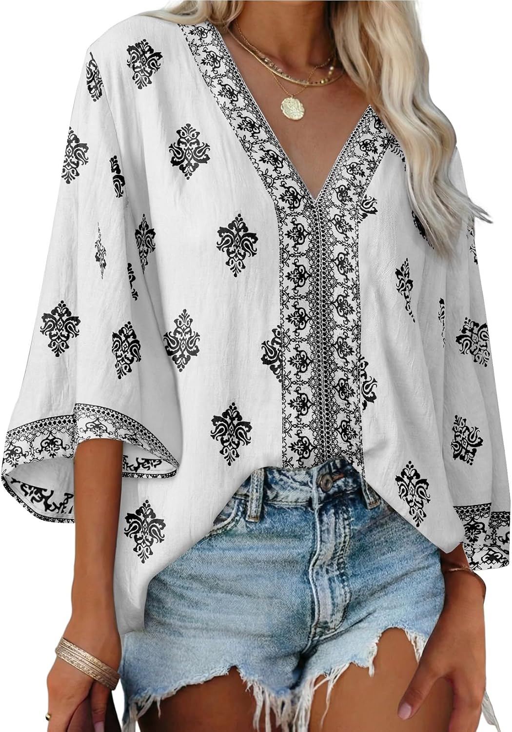 SHEWIN Womens Summer Tops Casual Floral Print Deep V Neck 3/4 Sleeve Blouses Dressy Boho Vacation Tunic Tops