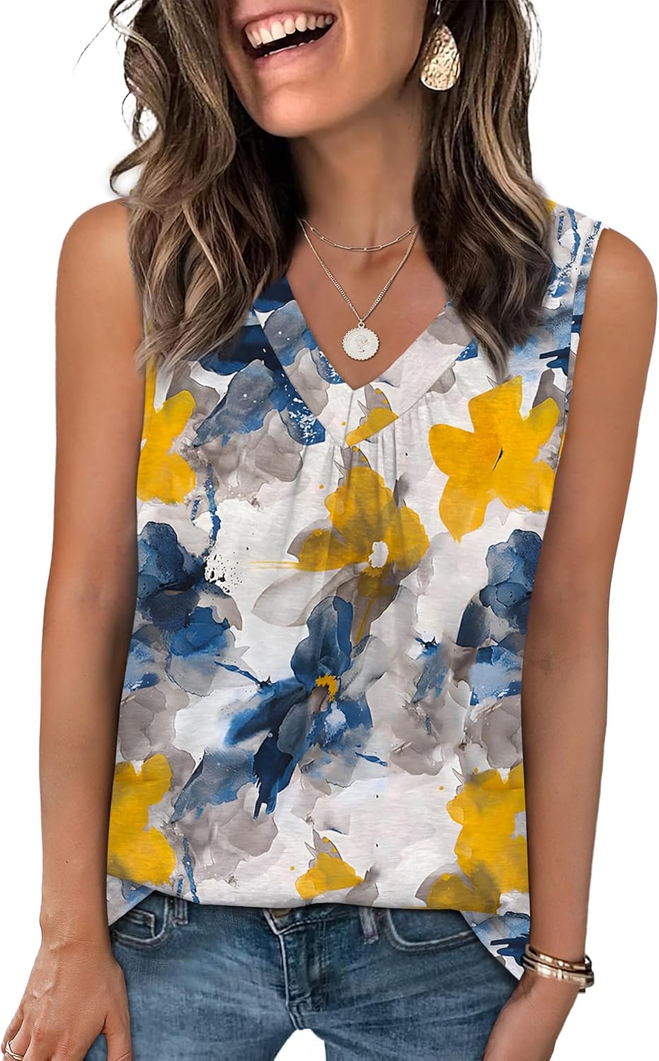 OFEEFAN Tank Top for Women Loose Fit Sleeveless Shirts V Neck Summer Clothes Ruched Women’s Tees and Tanks Curved Hem