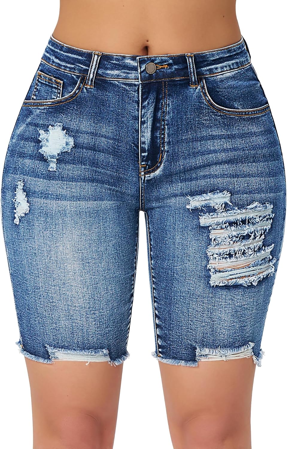 roswear Women’s High Waisted Stretchy Denim Bermuda Shorts Ripped Casual Summer Jean Shorts