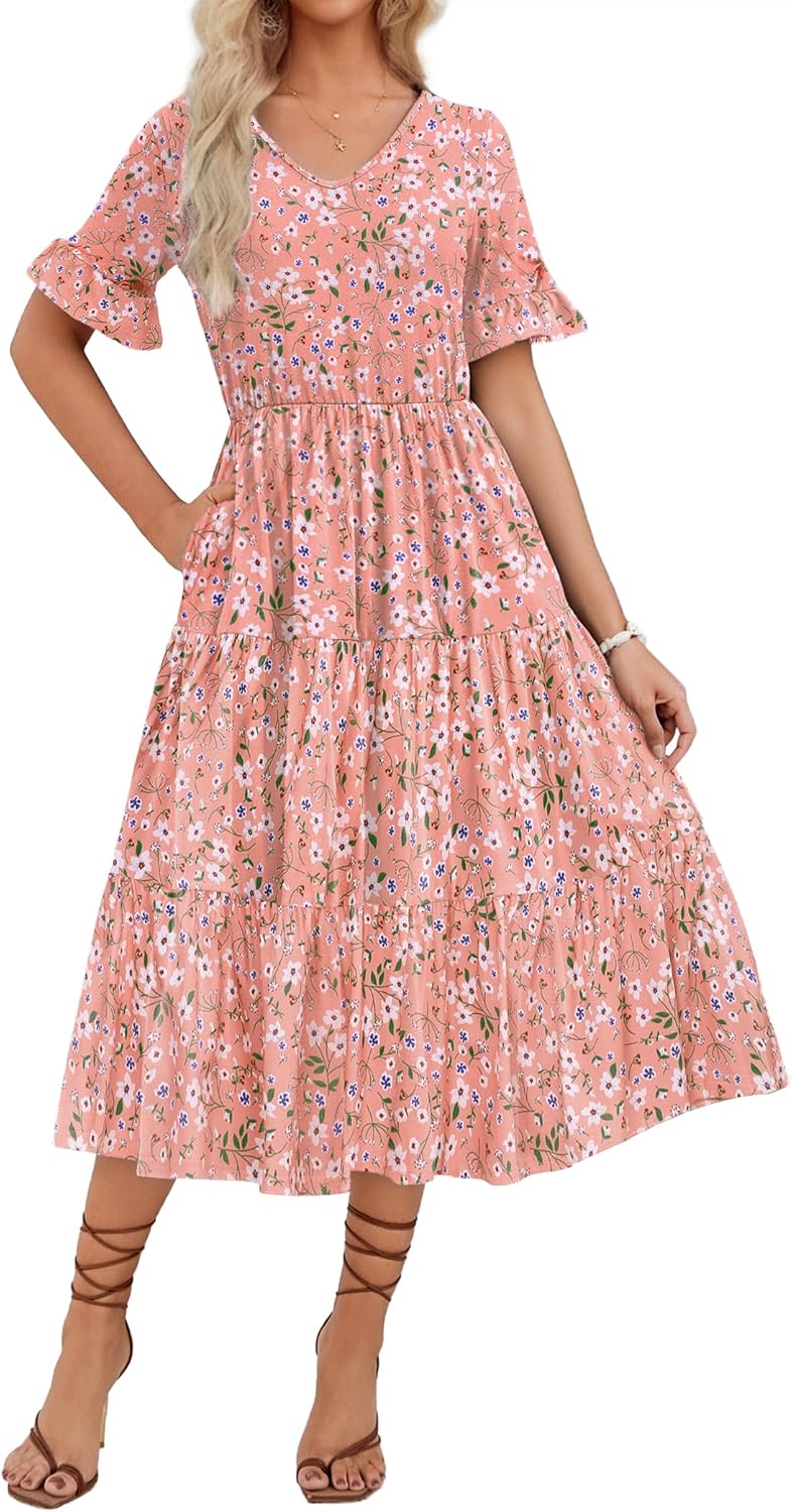 ZEAGOO Women’s Summer Dresses Midi Tiered Casual Dress Floral V Neck Ruffle Short Sleeve Flowy Beach Dress with Pockets