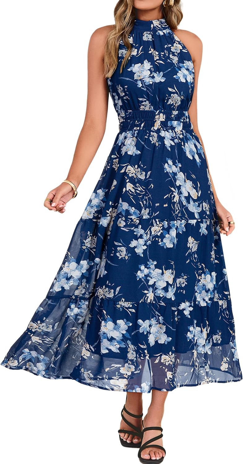 Simplee Womens Summer Halter Wedding Guest Dress Maxi Floral Vacation Boho Sundresses Flowy Formal Long Travel Dresses 2026