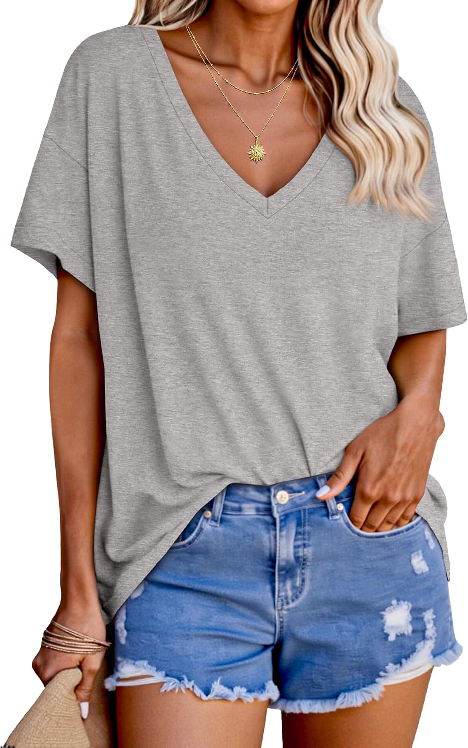 Tankaneo Womens Oversized Tshirts V Neck Short Sleeve Tops Summer Casual Loose Fit Tunic Tee Shirts