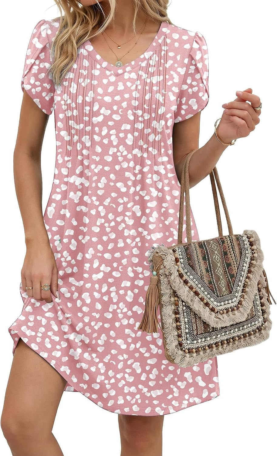 Zeagoo Summer Dresses for Women Casual A Line Dress 2026 V Neck Short Dresses Floral Sundress Pleated Boho Dress