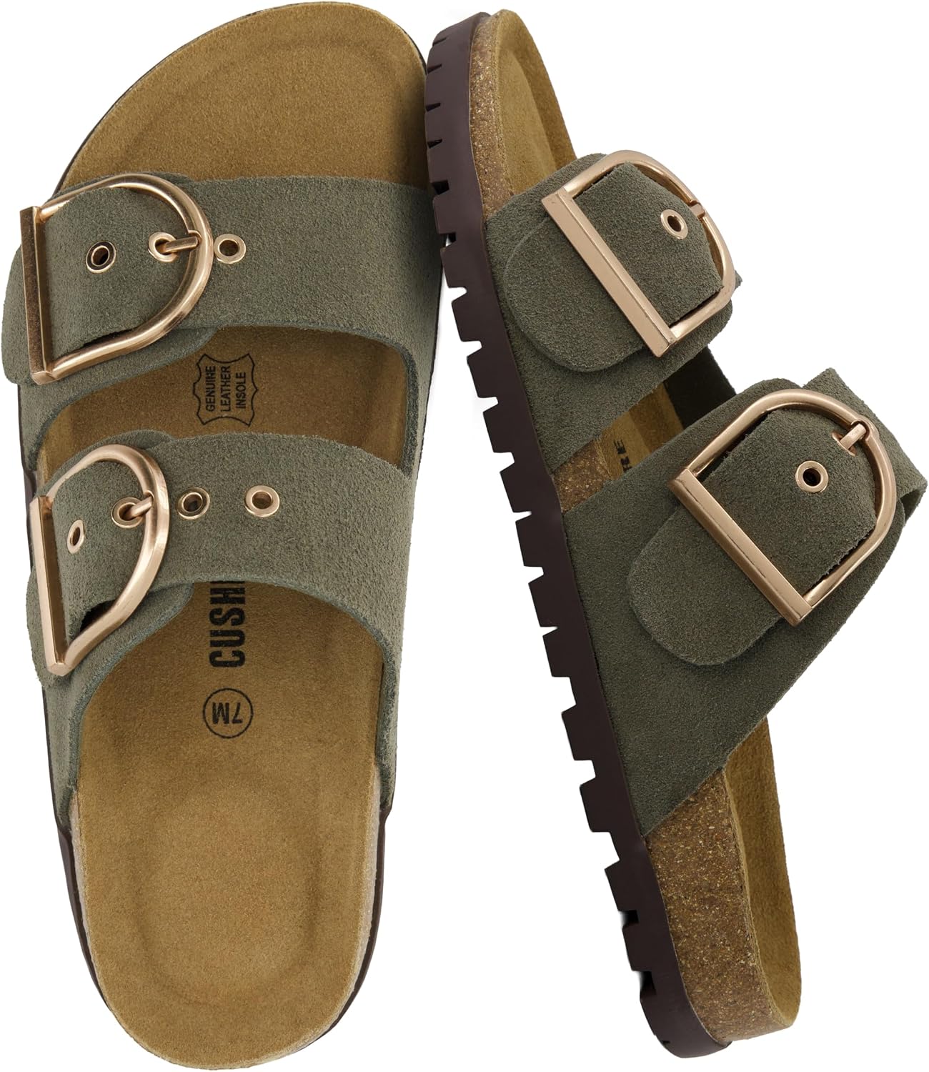 CUSHIONAIRE Brook Women’s Suede Double-Buckle Cork Footbed Slide Sandals with Memory Foam Comfort