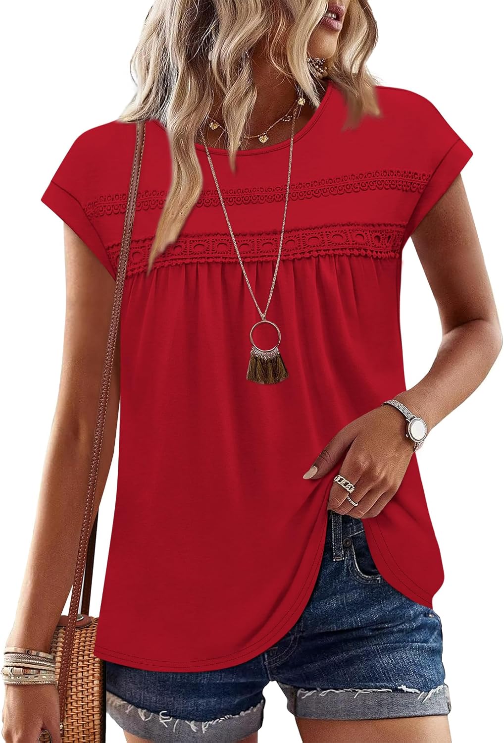 WIHOLL Womens Summer Tops Trendy 2026 Lace Crochet Cap Short Sleeve Shirts Crew Neck T Shirts Casual Loose Blouses