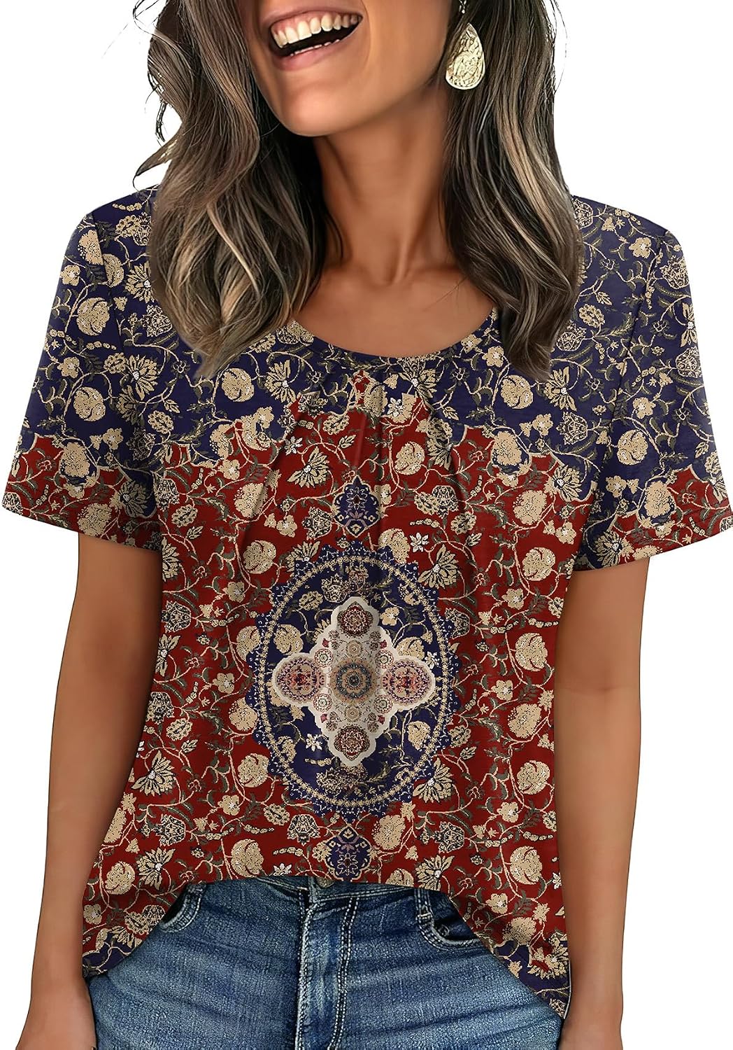 WIHOLL Women T Shirts Pleated Short Sleeve Tops Business Casual Dressy Blouses