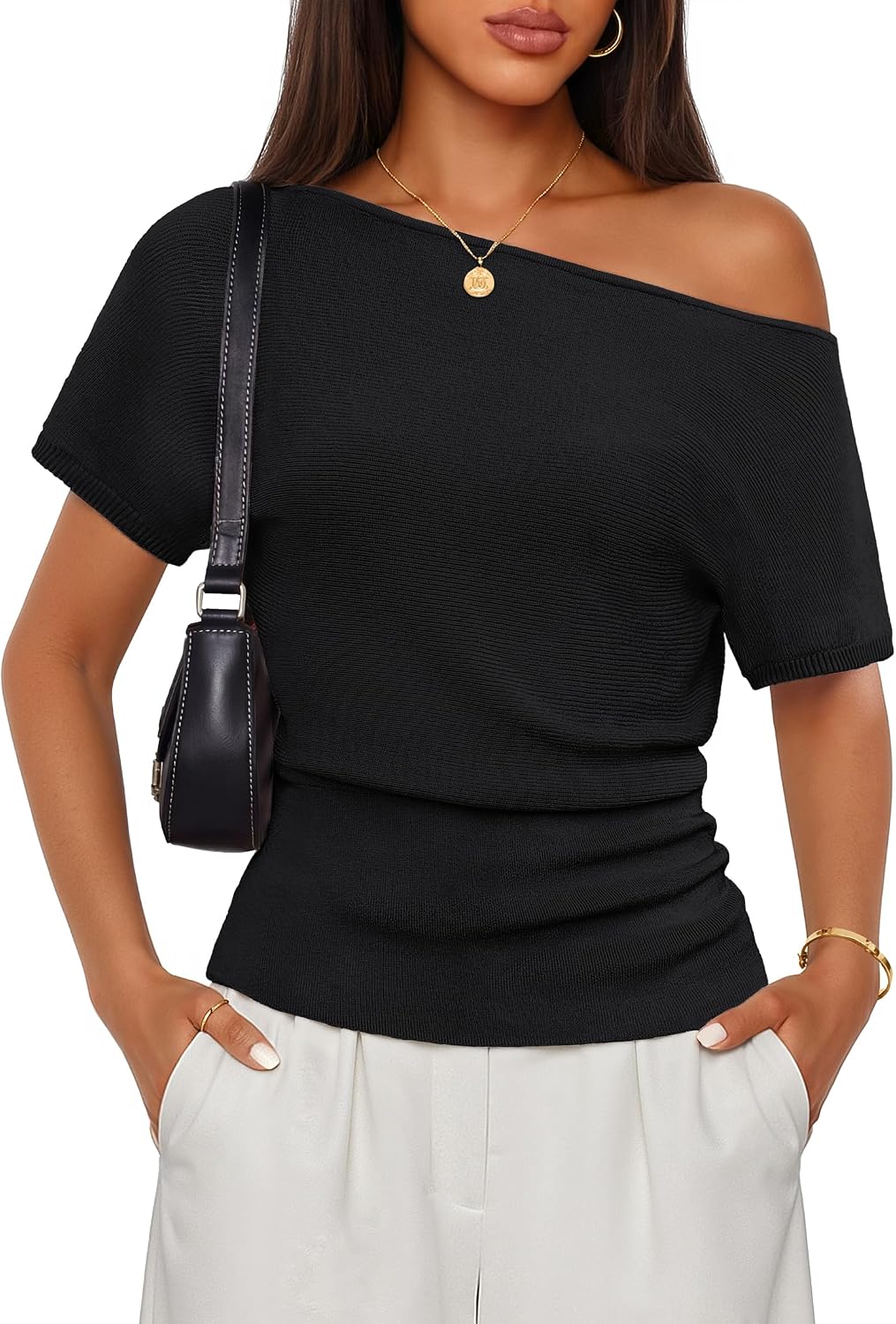 ZESICA Women’s Off The Shoulder Short Sleeve Sweater Tops 2026 Summer Casual Ruched Knit Going Out Trendy Spring Shirts