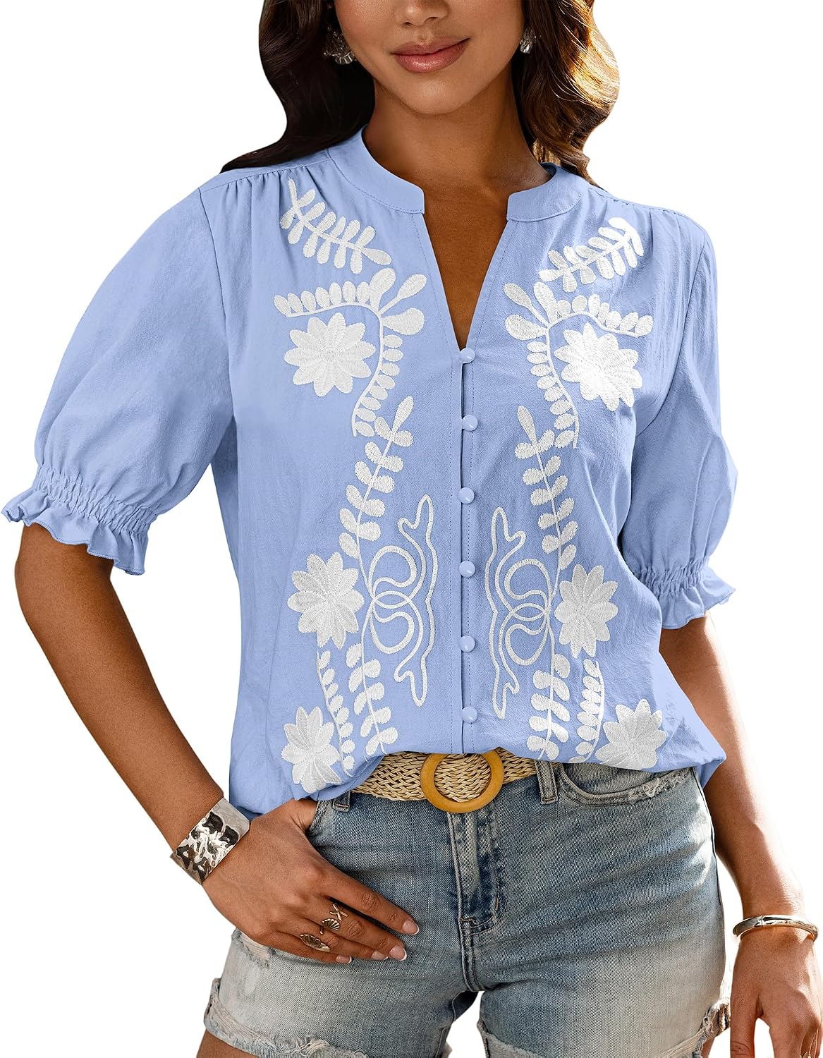 BTFBM Women’s 2026 Summer Tops Casual Floral Boho V Neck Puff Short Sleeve Button Down Shirts Embroidered Blouses Tunic