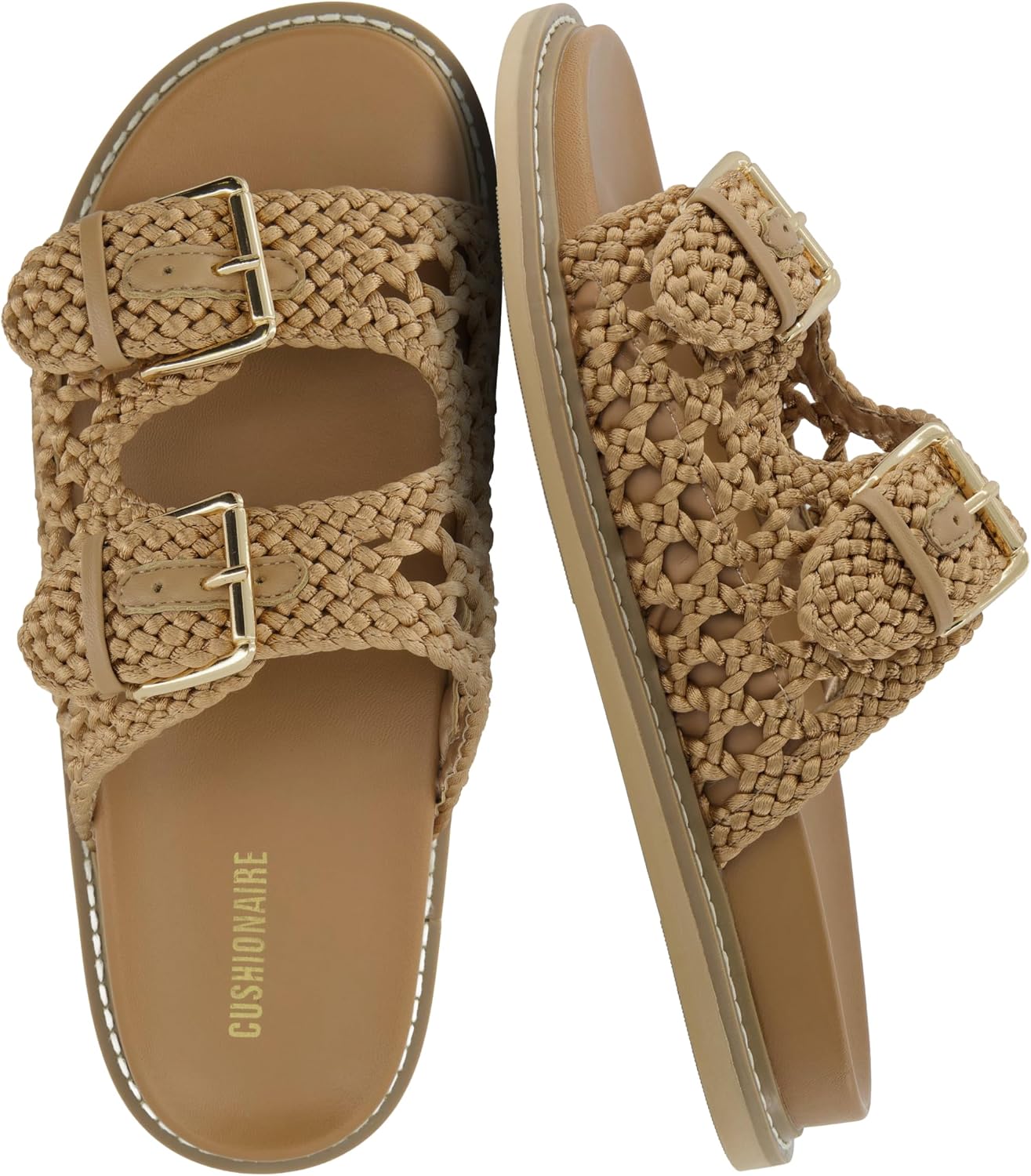 CUSHIONAIRE Weaver Summer Sandals for Women – Shiny Raffia Woven Slip On Womens Slides with Adjustable Buckle
