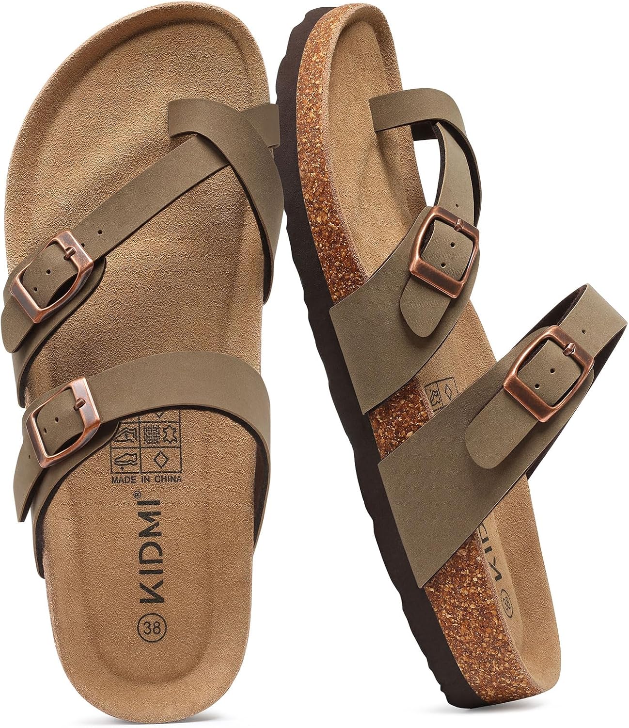 KIDMI Women’s Cork Footbed Sandals with Toe Loop, Comfortable Summer Slip-On Slides with Adjustable Buckle