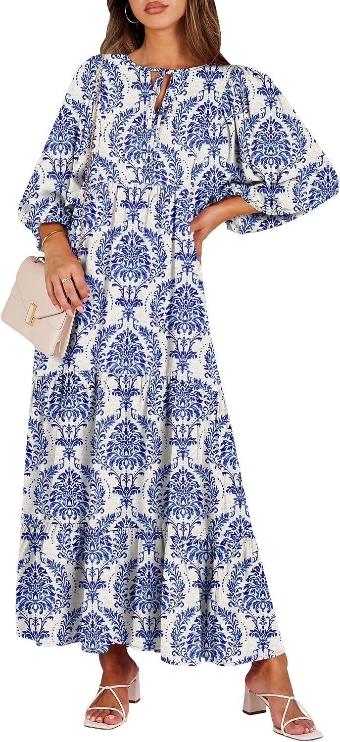 ANRABESS Womens Boho Floral 3/4 Puff Sleeve Maxi Dress | Tiered Flowy Loose Fit, Comfy Soft Rayon Fabric, Wedding Guest Church Beach, Modest Elegant, Spring Summer Fall Outfits