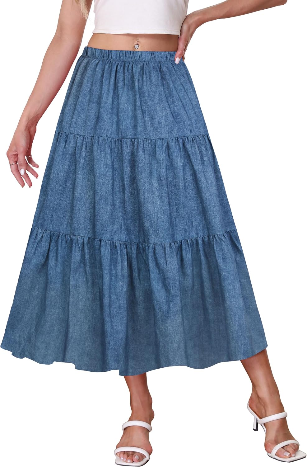 Kingfancy Women’s Boho Midi Skirt A-Line Ruffle Elastic High Waist Tiered Flowy Skirts