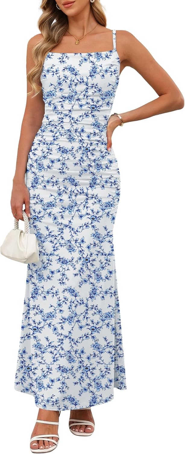 Women Sleeveless Spaghetti Strap Floral Maxi Dress Ruched Bodycon Beach Wedding Guest Backless Long Slip Dresses