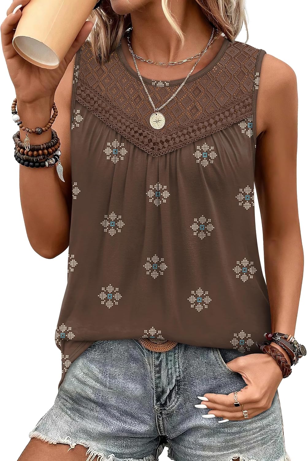 XIEERDUO Womens Tank Tops Sleeveless Lace Crochet Boho Tops Loose Fit Pleated Tunics Crewneck Summer Vacation Outfits Flowy