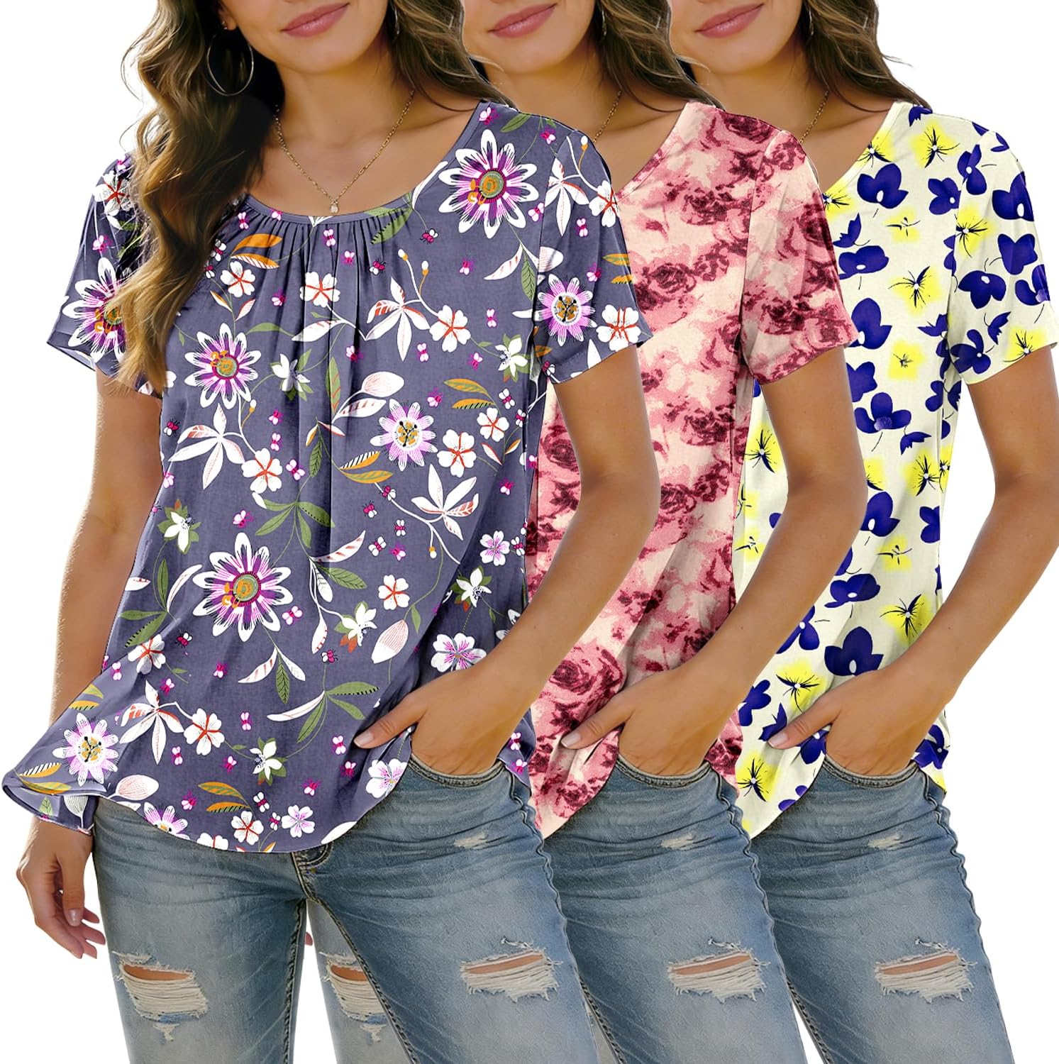 3 Pack Womens T Shirts Floral Cotton Short Sleeve Crewneck Summer Casual 2026 Loose Basic Tee Trendy Clothes
